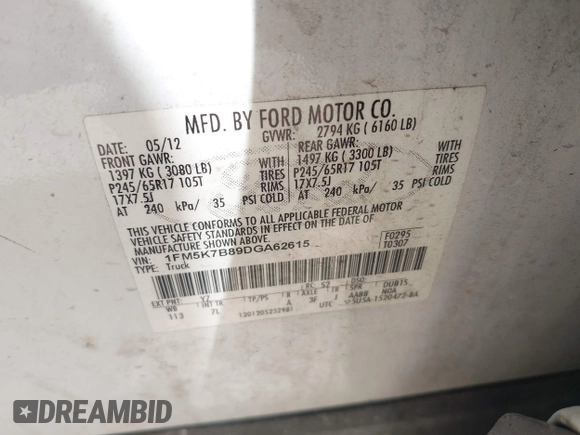 2013 Ford Explorer with VIN 1FM5K7B89DGA62615, listed as a IAAI auction lot 42618444 with 171,517 mi miles and . Bid and sale history available at DreamBid. Image 9.