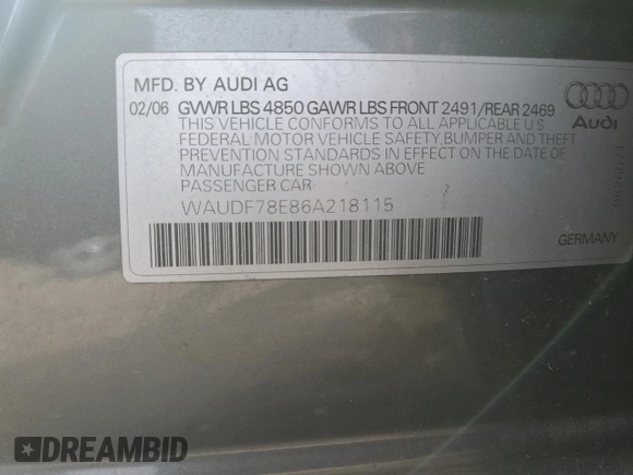 2006 Audi A4 2.0T z VIN WAUDF78E86A218115, wystawiony jako Copart lot #76328404 z przebiegiem 179 123 mil mil oraz Szkoda całkowita • Salvage title. Historia ofert i sprzedaży dostępna na DreamBid. Obrazek 14.