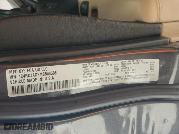 2021 Dodge Durango SXT Plus with VIN 1C4RDJAG2MC544596, listed as a Copart auction lot 54770185 with 56,574 mi miles and Salvage title. Bid and sale history available at DreamBid. Image 13.