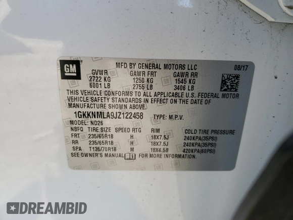 2018 GMC Acadia SLT with VIN 1GKKNMLA9JZ122458, listed as a Copart auction lot 49810625 with 102,497 mi miles and Salvage Title. Bid and sale history available at DreamBid. Image 14.