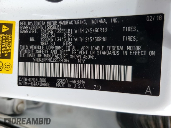 2018 Toyota Highlander SE z VIN 5TDKZRFHXJS539384, wystawiony jako Copart lot #57213565 z przebiegiem 111 375 mil mil oraz Szkoda całkowita • Salvage title. Historia ofert i sprzedaży dostępna na DreamBid. Obrazek 13.