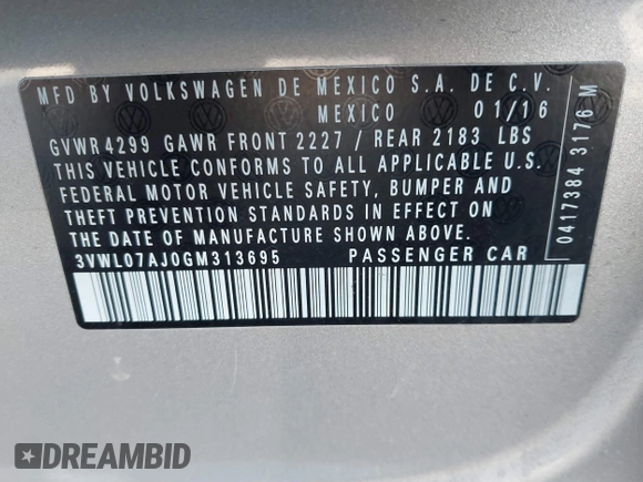 2016 Volkswagen Jetta Sedan 1.8T SEL with VIN 3VWL07AJ0GM313695, listed as a IAAI auction lot 41523515 with 94,212 mi miles. Bid and sale history available at carsss.com. Image 9.