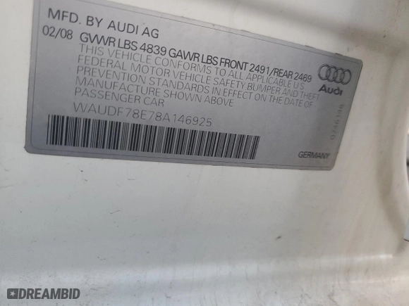 2008 Audi A4 2.0T with VIN WAUDF78E78A146925, listed as a Copart auction lot 82606744 with 175,376 mi miles and Salvage Title. Bid and sale history available at carsss.com. Image 14.