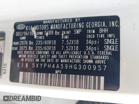 2017 Kia Sorento EX with VIN 5XYPH4A59HG300957, listed as a IAAI auction lot 42215684 with 220,309 mi miles and . Bid and sale history available at DreamBid. Image 9.