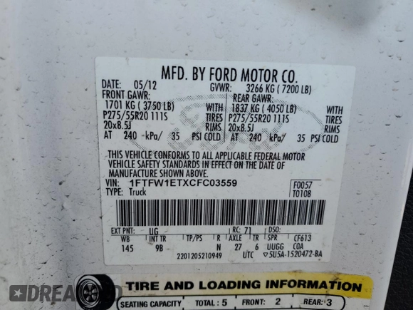 2012 Ford F-150 XL with VIN 1FTFW1ETXCFC03559, listed as a Copart auction lot 52626755 with 226,303 mi miles and Salvage Title. Bid and sale history available at carsss.com. Image 12.