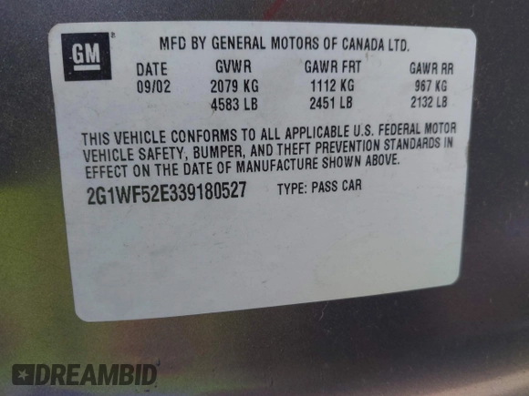2003 Chevrolet Impala with VIN 2G1WF52E339180527, listed as a IAAI auction lot 42122054 with 69,908 mi miles and . Bid and sale history available at DreamBid. Image 9.