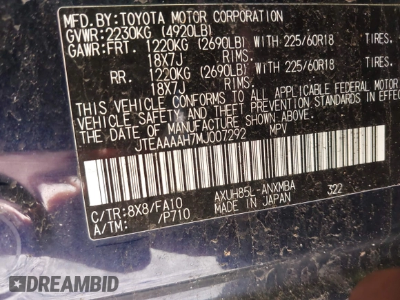 2021 Toyota Venza LE with VIN JTEAAAAH7MJ007292, listed as a IAAI auction lot 42097680 with 66,633 mi miles and . Bid and sale history available at carsss.com. Image 9.