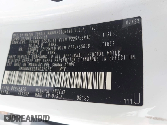 2022 Toyota Corolla Cross XLE with VIN 7MUDAABG0NV027076, listed as a IAAI auction lot 42563337 with 46,375 mi miles and . Bid and sale history available at DreamBid. Image 9.