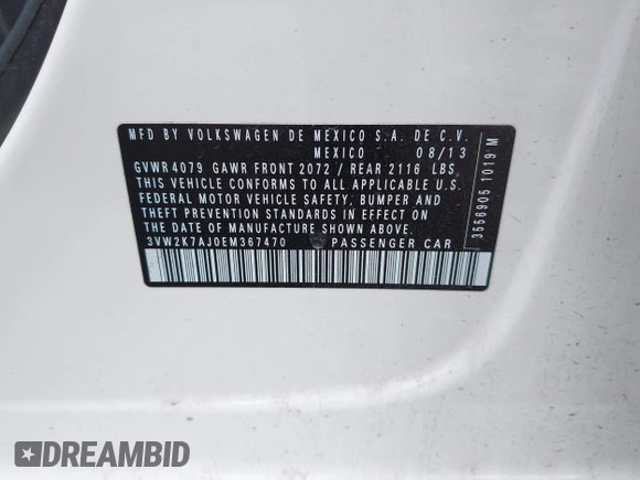 2014 Volkswagen Jetta S z VIN 3VW2K7AJ0EM367470, wystawiony jako IAAI lot #42186375 z przebiegiem 118 715 mil mil oraz . Historia ofert i sprzedaży dostępna na DreamBid. Obrazek 9.
