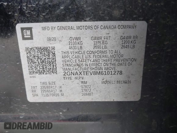 2021 Chevrolet Equinox LT with VIN 2GNAXTEV8M6101278, listed as a IAAI auction lot 40582629 with 64,698 mi miles and . Bid and sale history available at DreamBid. Image 9.