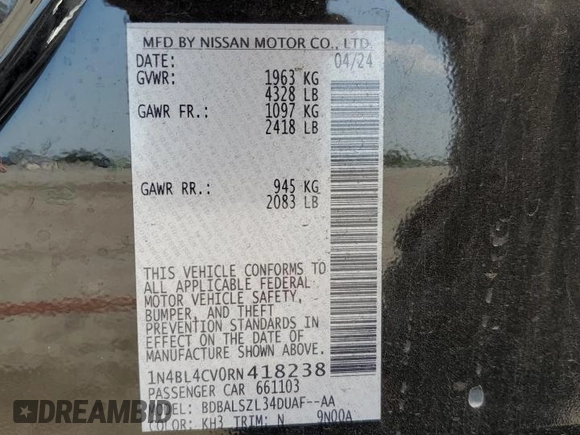 2024 Nissan Altima SR z VIN 1N4BL4CV0RN418238, wystawiony jako Copart lot #70917854 z przebiegiem 10 936 mil mil oraz Szkoda całkowita • Salvage title. Historia ofert i sprzedaży dostępna na DreamBid. Obrazek 14.