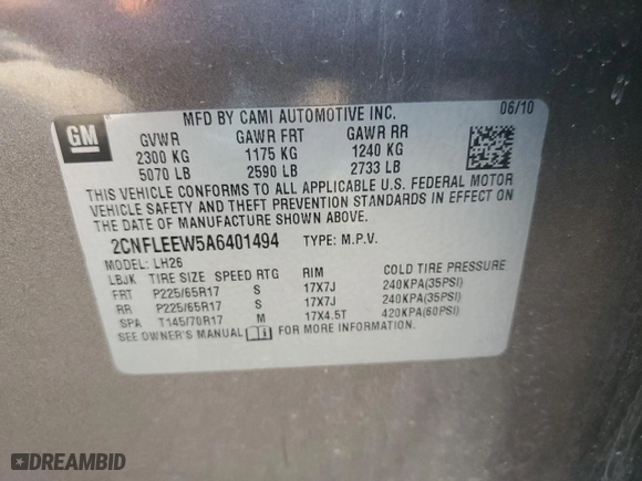 2010 Chevrolet Equinox LT w/1LT with VIN 2CNFLEEW5A6401494, listed as a Copart auction lot 74820834 with 169,131 mi miles and Salvage Title. Bid and sale history available at carsss.com. Image 13.