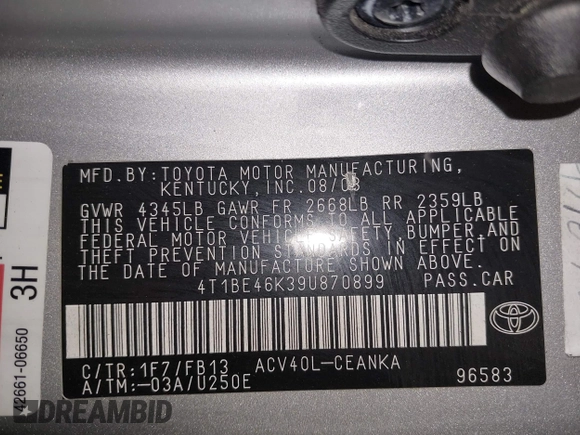 2009 Toyota Camry with VIN 4T1BE46K39U870899, listed as a IAAI auction lot 42054884 with 176,331 mi miles. Bid and sale history available at carsss.com. Image 9.