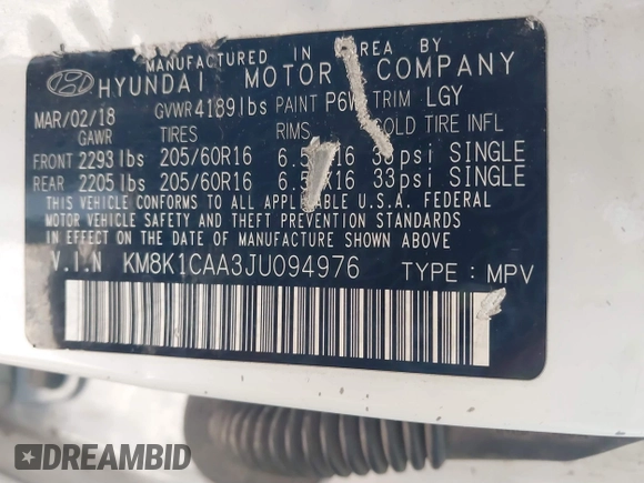 2018 Hyundai Kona SE with VIN KM8K1CAA3JU094976, listed as a IAAI auction lot 40796987 with 128,592 mi miles. Bid and sale history available at carsss.com. Image 9.