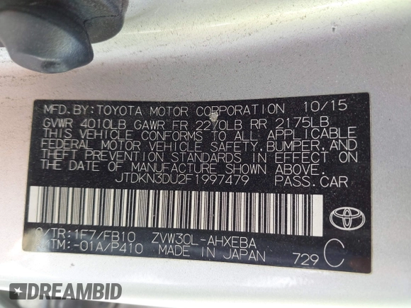 2015 Toyota Prius Four with VIN JTDKN3DU2F1997479, listed as a IAAI auction lot 42644543 with 263,980 mi miles and . Bid and sale history available at DreamBid. Image 9.