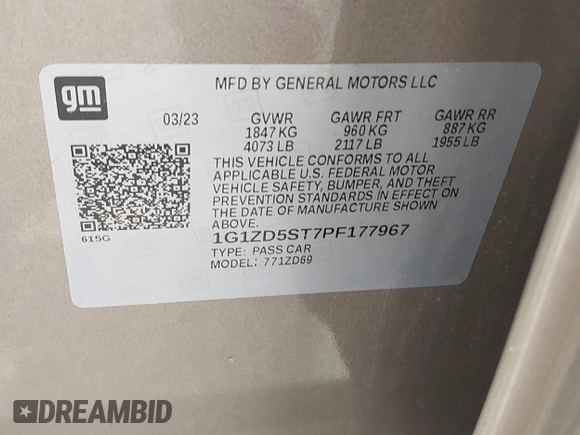 2023 Chevrolet Malibu LT with VIN 1G1ZD5ST7PF177967, listed as a IAAI auction lot 42213395 with 57,019 mi miles and . Bid and sale history available at DreamBid. Image 9.