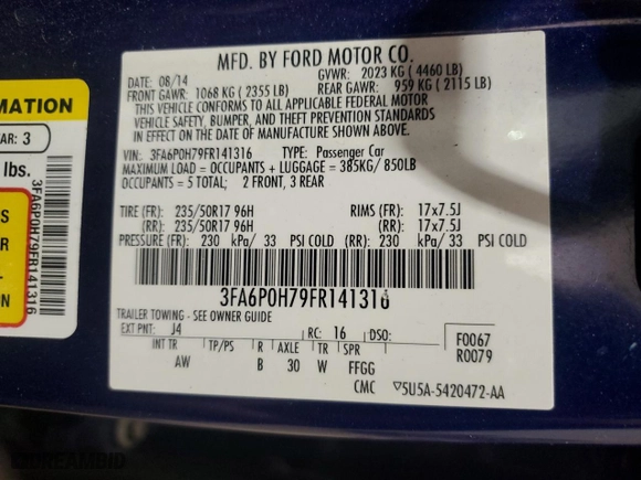 2015 Ford Fusion SE with VIN 3FA6P0H79FR141316, listed as a Copart auction lot 50891045 with 0 mi miles and Salvage Title. Bid and sale history available at carsss.com. Image 13.