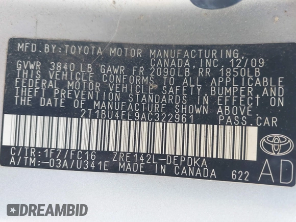 2010 Toyota Corolla with VIN 2T1BU4EE9AC322961, listed as a IAAI auction lot 40879803 with 146,996 mi miles and . Bid and sale history available at DreamBid. Image 9.