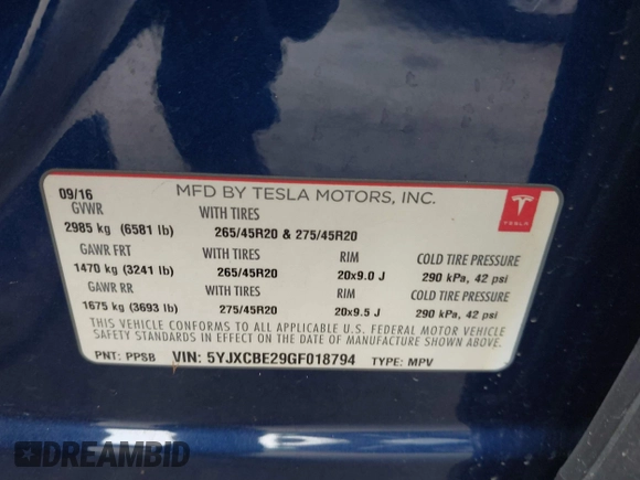 2016 Tesla Model X 70D z VIN 5YJXCBE29GF018794, wystawiony jako IAAI lot #42129574 z przebiegiem 51 814 mil mil oraz . Historia ofert i sprzedaży dostępna na DreamBid. Obrazek 9.