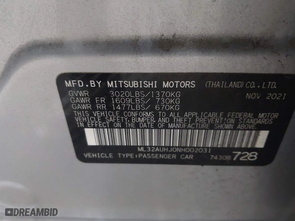 2022 Mitsubishi Mirage ES with VIN ML32AUHJ0NH002031, listed as a IAAI auction lot 41654897 with 42,863 mi miles. Bid and sale history available at carsss.com. Image 9.