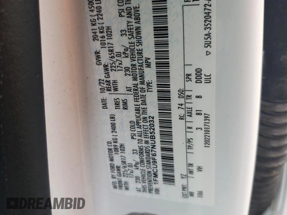 2022 Ford Escape S with VIN 1FMCU9F67NUB52032, listed as a Copart auction lot 56573245 with 46,383 mi miles and Salvage title. Bid and sale history available at DreamBid. Image 13.