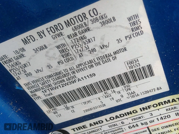 2009 Ford F-150 XL with VIN 1FTRW12W39FA11159, listed as a IAAI auction lot 42445358 with 108,599 mi miles and . Bid and sale history available at DreamBid. Image 9.