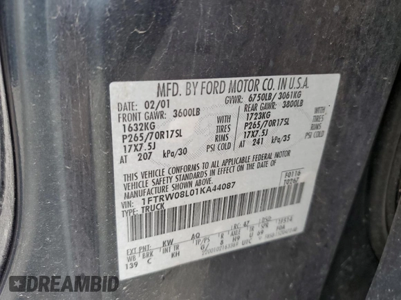 2001 Ford F-150 XLT z VIN 1FTRW08L01KA44087, wystawiony jako Copart lot #62898235 z przebiegiem Nie podano mil oraz Nie do naprawy • Non repairable. Historia ofert i sprzedaży dostępna na DreamBid. Obrazek 12.
