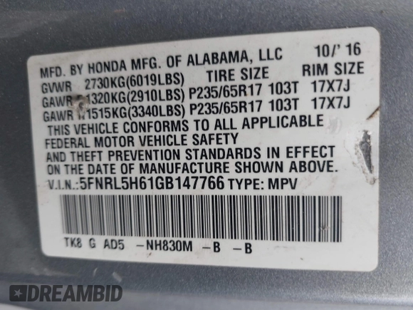 2016 Honda Odyssey EX-L with VIN 5FNRL5H61GB147766, listed as a IAAI auction lot 41822141 with 105,261 mi miles and . Bid and sale history available at DreamBid. Image 9.