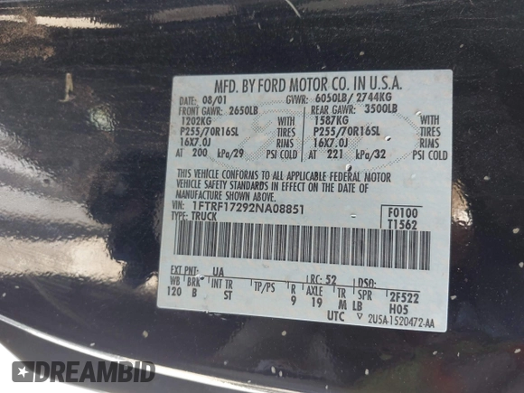 2002 Ford F-150 XL z VIN 1FTRF17292NA08851, wystawiony jako IAAI lot #42559503 z przebiegiem Nie podano mil oraz . Historia ofert i sprzedaży dostępna na DreamBid. Obrazek 9.