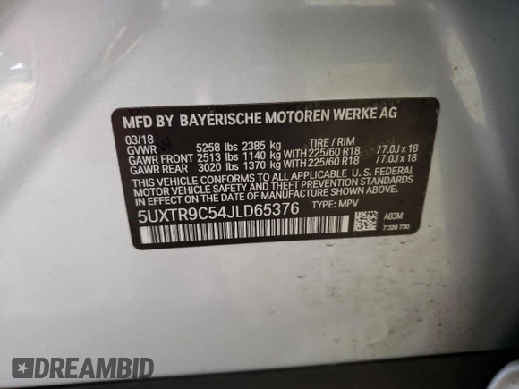 2018 BMW X3 xDrive30i with VIN 5UXTR9C54JLD65376, listed as a Copart auction lot 87464164 with 92,188 mi miles and Salvage Title. Bid and sale history available at DreamBid. Image 13.
