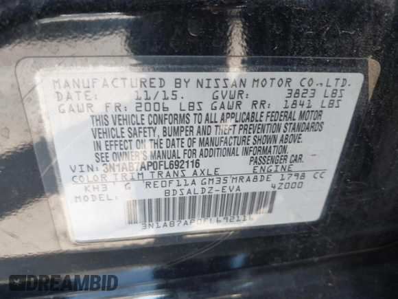 2015 Nissan Sentra SR with VIN 3N1AB7AP0FL692116, listed as a IAAI auction lot 42074635 with Not Provided miles and . Bid and sale history available at DreamBid. Image 9.