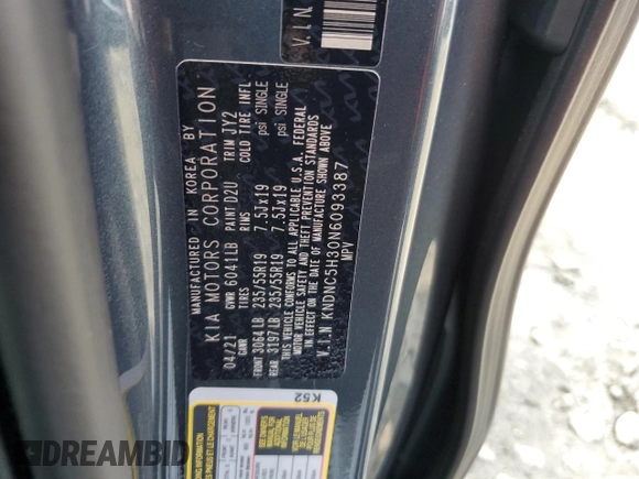 2022 Kia Carnival EX with VIN KNDNC5H30N6093387, listed as a Copart auction lot 65048204 with 44,829 mi miles and Salvage Title. Bid and sale history available at carsss.com. Image 13.