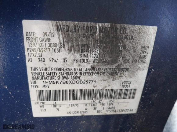 2013 Ford Explorer with VIN 1FM5K7B8XDGB25771, listed as a IAAI auction lot 41883733 with 211,784 mi miles. Bid and sale history available at carsss.com. Image 9.