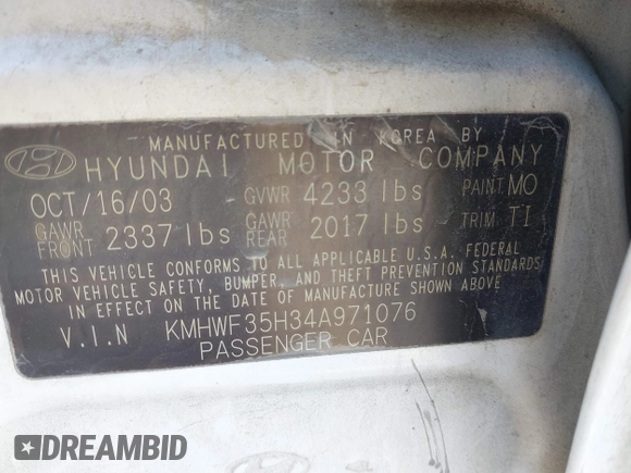 2004 Hyundai Sonata GLS with VIN KMHWF35H34A971076, listed as a IAAI auction lot 41817272 with 125,278 mi miles. Bid and sale history available at carsss.com. Image 9.