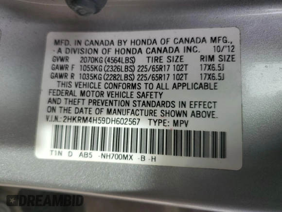 2013 Honda CR-V EX with VIN 2HKRM4H59DH602567, listed as a Copart auction lot 51482575 with 51,774 mi miles and Salvage Title. Bid and sale history available at DreamBid. Image 15.