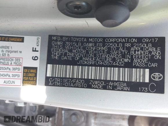 2017 Toyota Prius Two с VIN JTDKBRFU9H3574432, выставлен на аукционе IAAI как лот 41347091 с пробегом 104 419 миль миль и . История ставок и продаж доступна на DreamBid. Изображение 9.