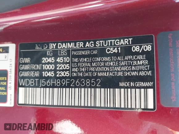 2009 Mercedes-Benz CLK 350 z VIN WDBTJ56H89F263852, wystawiony jako IAAI lot #42296657 z przebiegiem 165 044 mil mil oraz . Historia ofert i sprzedaży dostępna na DreamBid. Obrazek 9.