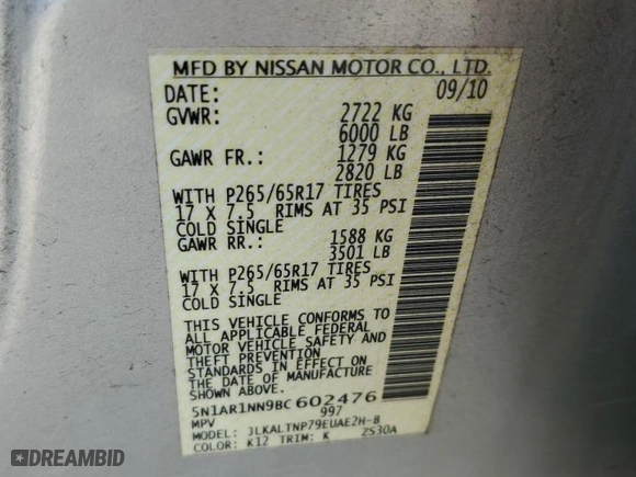 2011 Nissan Pathfinder SV with VIN 5N1AR1NN9BC602476, listed as a Copart auction lot 44424735 with 138,865 mi miles and Clean Title. Bid and sale history available at carsss.com. Image 13.