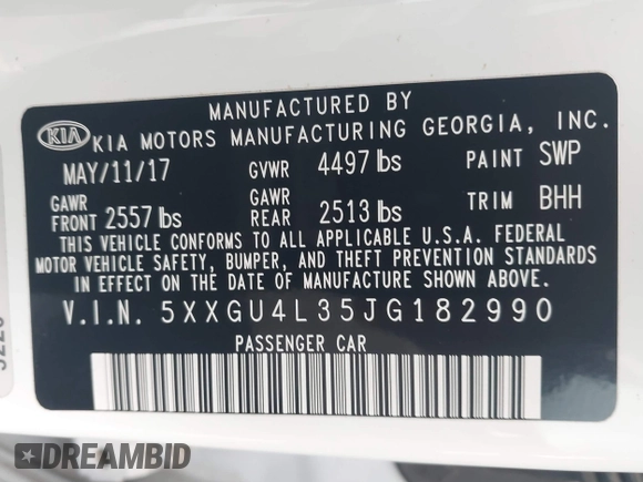 2018 Kia Optima EX with VIN 5XXGU4L35JG182990, listed as a IAAI auction lot 42126209 with 66,245 mi miles and . Bid and sale history available at carsss.com. Image 9.