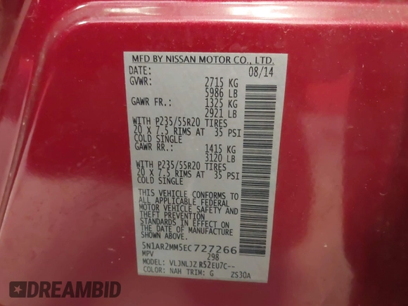 2014 Nissan Pathfinder Platinum с VIN 5N1AR2MM5EC727266, выставлен на аукционе IAAI как лот 41494420 с пробегом 214 646 миль миль и . История ставок и продаж доступна на DreamBid. Изображение 9.