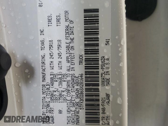 2025 Toyota Tundra SR with VIN 5TFKB5DB6SX281646, listed as a Copart auction lot 58299855 with Not provided miles and Salvage title. Bid and sale history available at DreamBid. Image 12.
