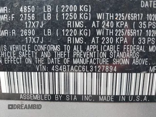 2020 Subaru Outback Premium with VIN 4S4BTACC6L3127894, listed as a IAAI auction lot 42173250 with 111,019 mi miles and . Bid and sale history available at DreamBid. Image 9.