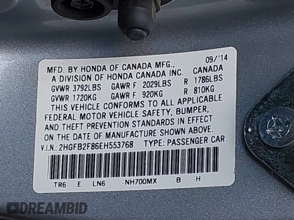 2014 Honda Civic Sedan EX with VIN 2HGFB2F86EH553768, listed as a IAAI auction lot 42042742 with 185,342 mi miles. Bid and sale history available at carsss.com. Image 9.