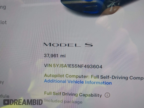 2022 Tesla Model S z VIN 5YJSA1E55NF493604, wystawiony jako IAAI lot #42503731 z przebiegiem 37 961 mil mil oraz . Historia ofert i sprzedaży dostępna na DreamBid. Obrazek 14.