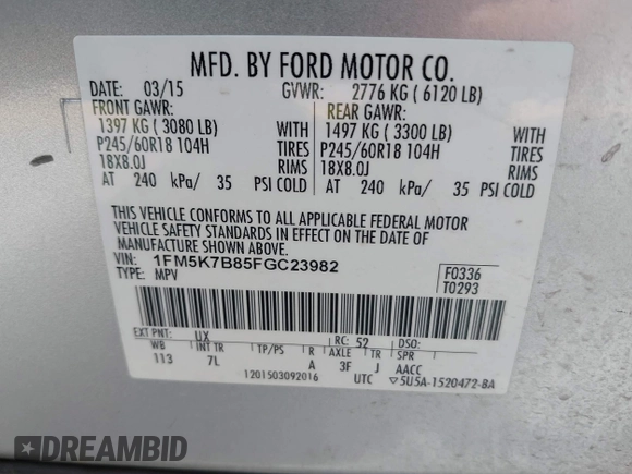 2015 Ford Explorer with VIN 1FM5K7B85FGC23982, listed as a IAAI auction lot 42154220 with 211,883 mi miles and . Bid and sale history available at DreamBid. Image 9.