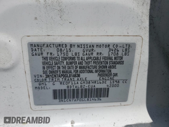 2016 Nissan Versa S Plus with VIN 3N1CN7AP0GL814636, listed as a Copart auction lot 52901165 with 176,298 mi miles and Clean Title. Bid and sale history available at carsss.com. Image 12.