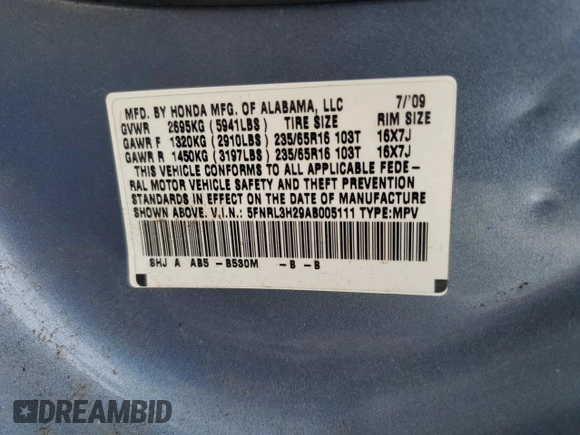 2010 Honda Odyssey LX with VIN 5FNRL3H29AB005111, listed as a Copart auction lot 65005735 with Not provided miles and Clean title. Bid and sale history available at DreamBid. Image 13.
