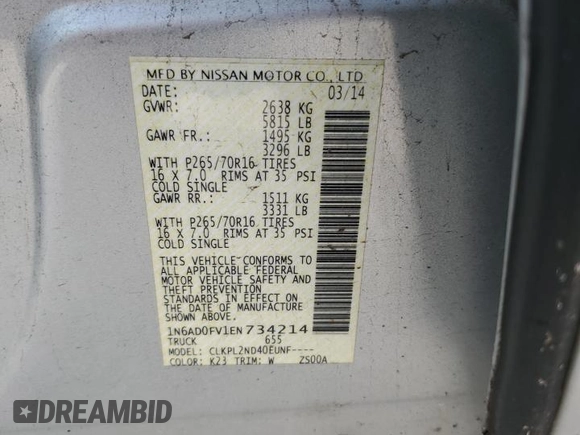 2014 Nissan Frontier SV with VIN 1N6AD0FV1EN734214, listed as a Copart auction lot 59261715 with 114,413 mi miles and Salvage title. Bid and sale history available at DreamBid. Image 12.