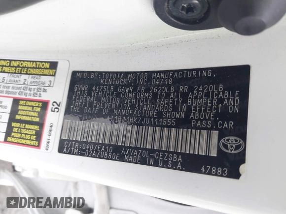 2018 Toyota Camry LE z VIN 4T1B11HK7JU111555, wystawiony jako IAAI lot #42421362 z przebiegiem 102 404 mil mil oraz . Historia ofert i sprzedaży dostępna na DreamBid. Obrazek 9.