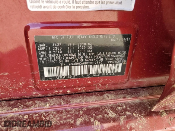 2012 Subaru Legacy 2.5i with VIN 4S3BMCA68C3012840, listed as a Copart auction lot 50399905 with 0 mi miles and Salvage Title. Bid and sale history available at carsss.com. Image 12.